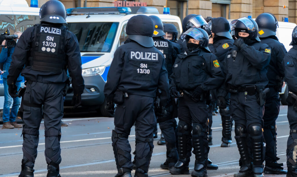 LEIPZIG, GERMANY - Nov 21, 2020: Fully armed German police officers protect a demonstration on Augustusplatz Leipzig