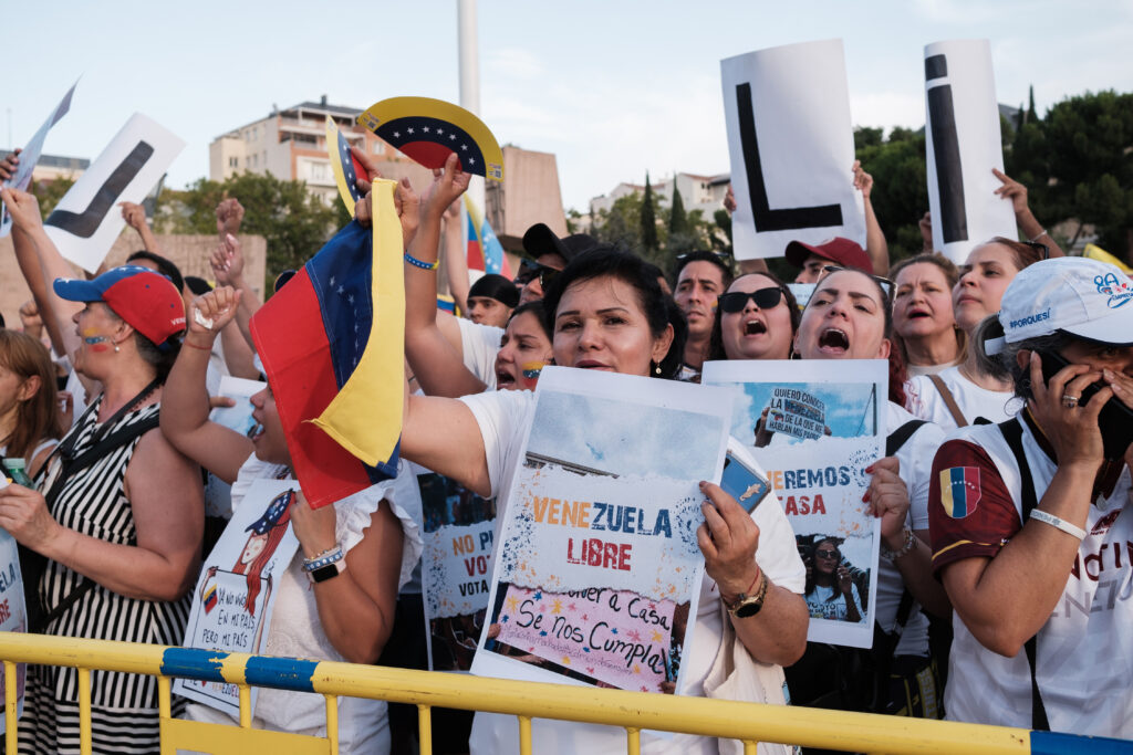 Several people during the demonstration for the mobilization of hope to the caravan of freedom in the upcoming elections in Venezuela, at the Plaza de Colon on 28 July, 2024 in Madrid, Spain